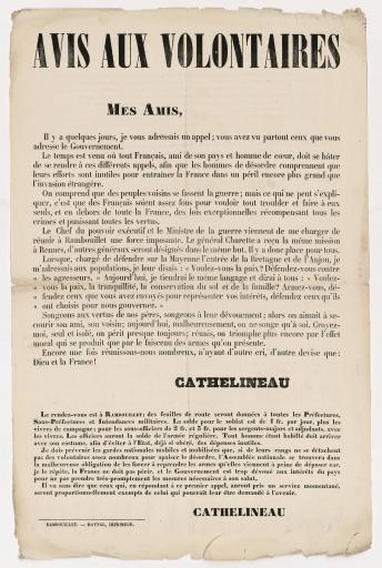 Avis aux volontaires. [Appel de Cathelineau pour former le bataillon des volontaires de l'ouest contre "les hommes de désordre", 1870].
